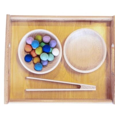 Montessori Materials Fire the Imagination  | Montessori Tonging Activity – Papoose Balls – Includes Tongs, Tray, Bowls And Papoose Felt Balls